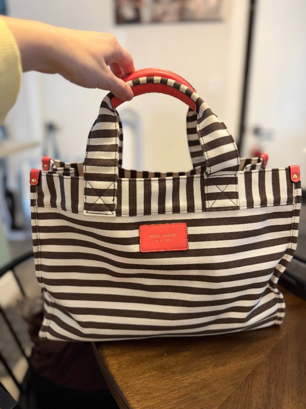 HENRI BENDEL Brown & White Striped Canvas Bag